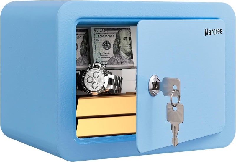 Marcree Mini Safe Box, 0.23 Cub Home Safes for Kids, Steel Money Box with Key Lock, Small Safes for Money Cash Valueables, Stylish Security Safe for Gifts, 6.69 x 9.06 x 6.69 Inches, Blue - Image 1